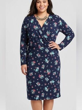 GEORGE Navy Floral Long-Sleeve Surplice DresS SIZE 3X